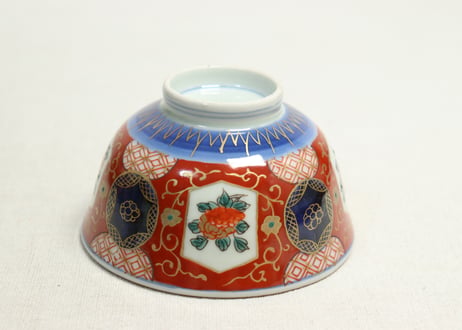 江戸幕末色絵牡丹と青玉図通り物飯茶碗