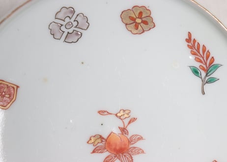明治前期色絵網手に鶴と梅に鶯図通り物蒸茶碗②高台ホツ,高台内柄無し
