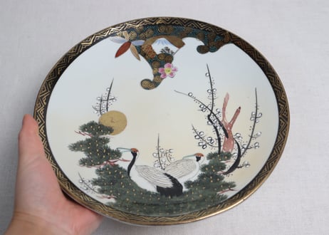 明治後期~大正九谷焼色絵松鶴図8寸皿