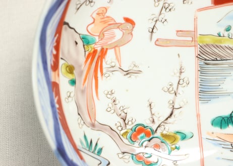 明治前期色絵山水と花鳥図割絵6寸鉢　ノミホツ,膨れ