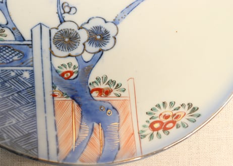 明治後期～大正色絵銅判梅に鶯図8寸皿
