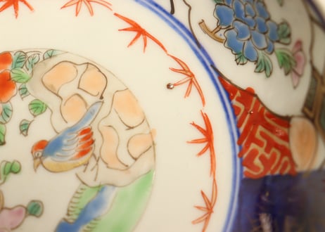 江戸幕末色絵牡丹と花鳥図なます皿