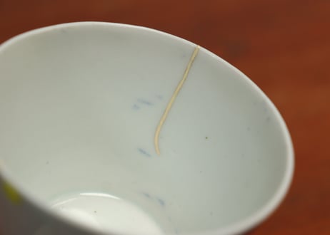 江戸中期紙刷古印判花と唐草図猪口　ニュウ直し,ノミホツ
