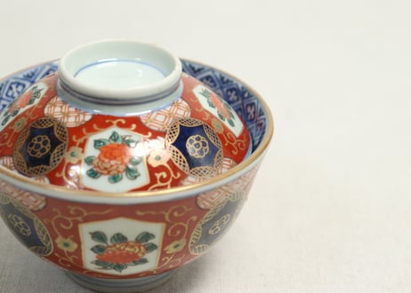 江戸幕末色絵牡丹と青玉図通り物飯茶碗