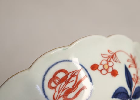 江戸中期色絵竹梅に亀甲菱花図なます皿①5客組　窯傷