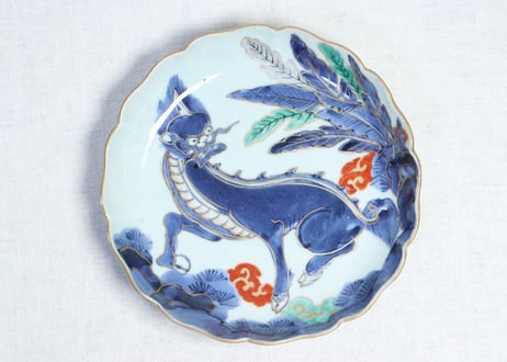 江戸中期色絵芭蕉に獅子図７寸皿　５客組
