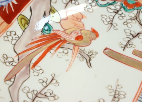 明治前期色絵山水と花鳥図割絵7寸鉢