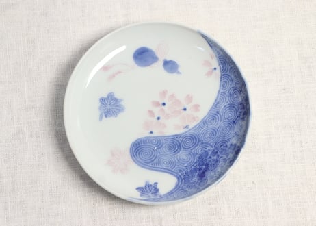明治後期～大正染付桜と瓢箪図小皿