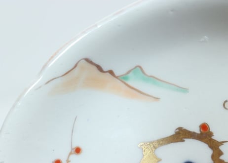明治前期色絵梅と福寿草図5.5寸皿