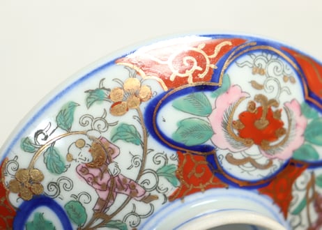 明治後期～大正色絵プリント花と唐子図蒸茶碗