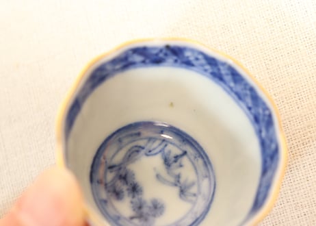明治前期色絵芦に鳥と牡丹図通り物小向付②見込み淡め