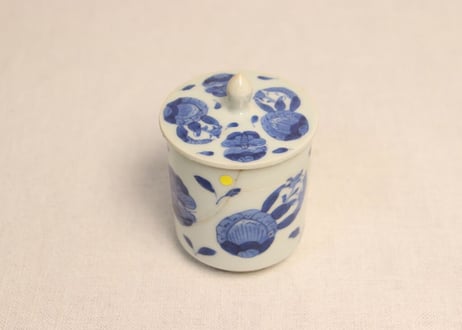 江戸幕末染付蝶と草花図火入れ,灰吹きセット 灰吹き焼継ぎ
