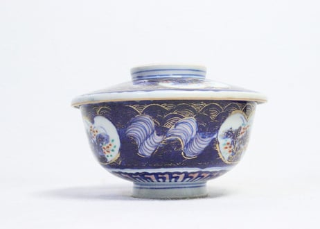 明治前期色絵草花に波図蒸茶碗①　 色擦れ