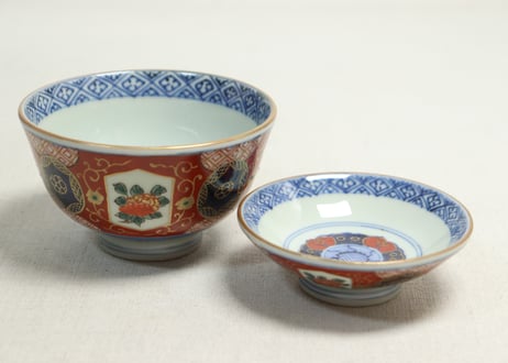 江戸幕末色絵牡丹と青玉図通り物飯茶碗