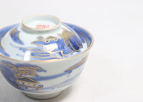 江戸幕末金彩染付山水図飯茶碗