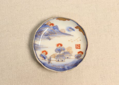 明治前期金彩染付山水図通り物豆皿