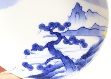 明治前期鍋島焼染付富士図5寸皿 ノミホツ,小ニュウ