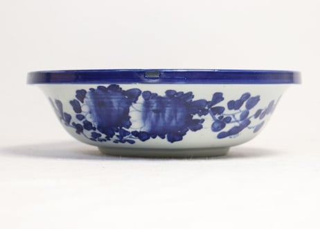 明治前期ベロ藍丸窓に草花図8寸鉢 ノミホツ