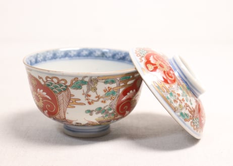 明治前期色絵松竹梅に鶴亀図通り物飯茶碗①