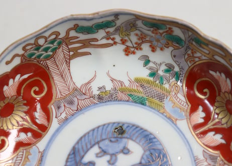 明治前期色絵松竹梅に鶴亀図通り物なます皿②黒点