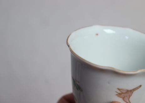 江戸中期色絵芝垣に梅と鶯図輪花向付 小ホツ