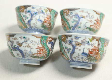 明治前期色絵鶴と松竹梅図通り物飯茶碗