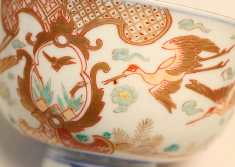 明治前期色絵松鶴図通り物飯茶碗