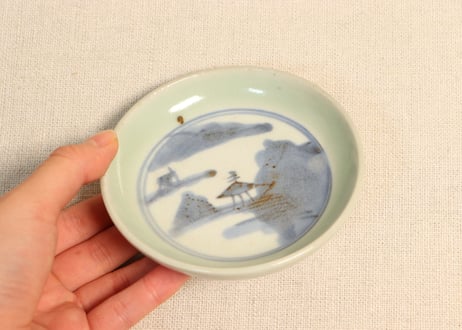 江戸後期青磁縁染付山水図小皿①濃いめ