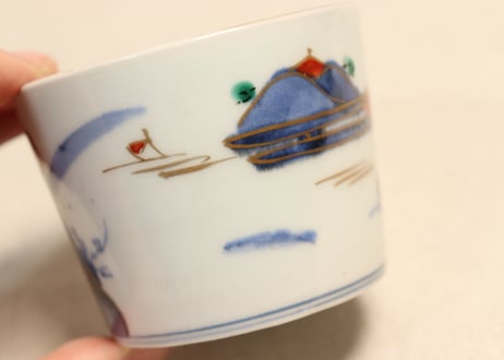 江戸後期色絵山水図猪口③　窯傷,高台ホツ