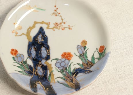 明治前期色絵梅と福寿草図6寸皿 ノミホツ