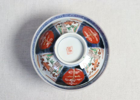 明治前期色絵桃と竹梅図通り物飯茶碗　蓋フリモノ