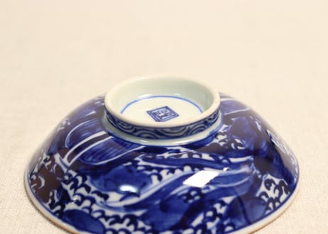 明治前期ベロ藍鳳凰図通り物飯茶碗