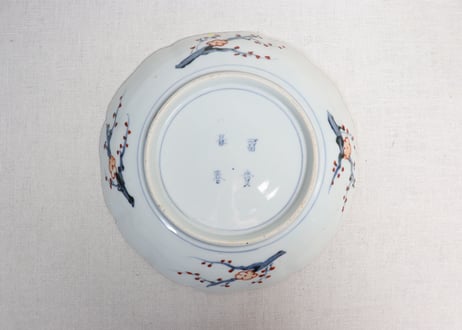 明治前期染付色絵八方に牡丹図７寸皿①ノミホツ
