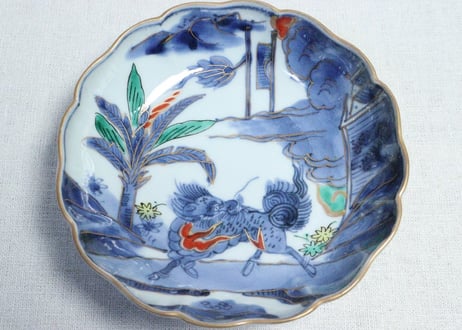 江戸後期色絵芭蕉と麒麟図なます皿　5客組
