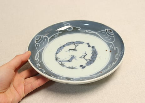 江戸後期染付三方に貝と波図６寸皿①濃いめ フリモノ