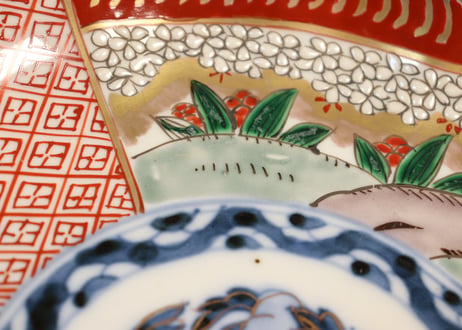 明治前期色絵桜に万年青図通り物7寸皿②少甘手
