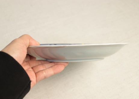 江戸幕末染付山水と扇面図7寸皿少甘手,ノミホツ,少かたつき