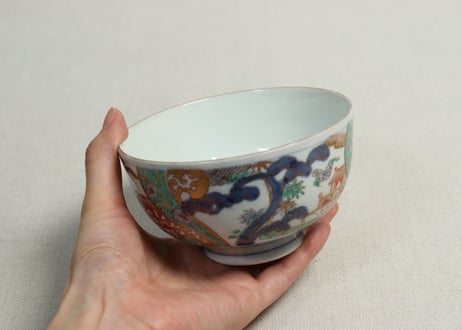 明治前期色絵鶴と松竹梅図通り物蒸茶碗