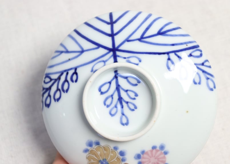 菊花のかわいい蓋茶碗 6つ 明治四年 染付 菊花のかわいい蓋茶碗