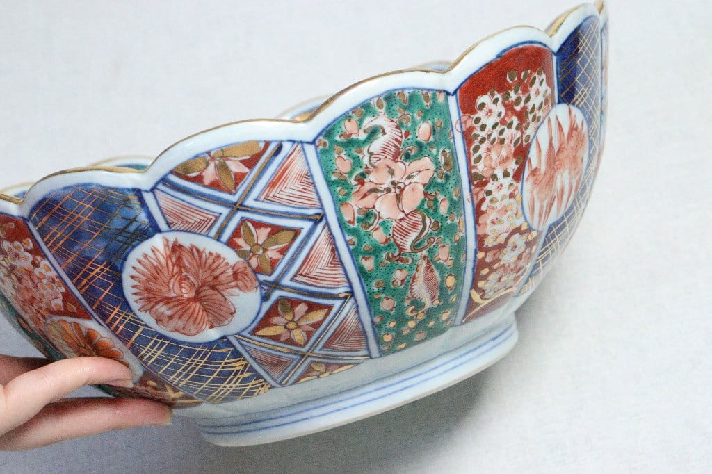 幕末明治期 色絵花籠図大皿 金襴手 鶴亀 直径47.4㎝ 古