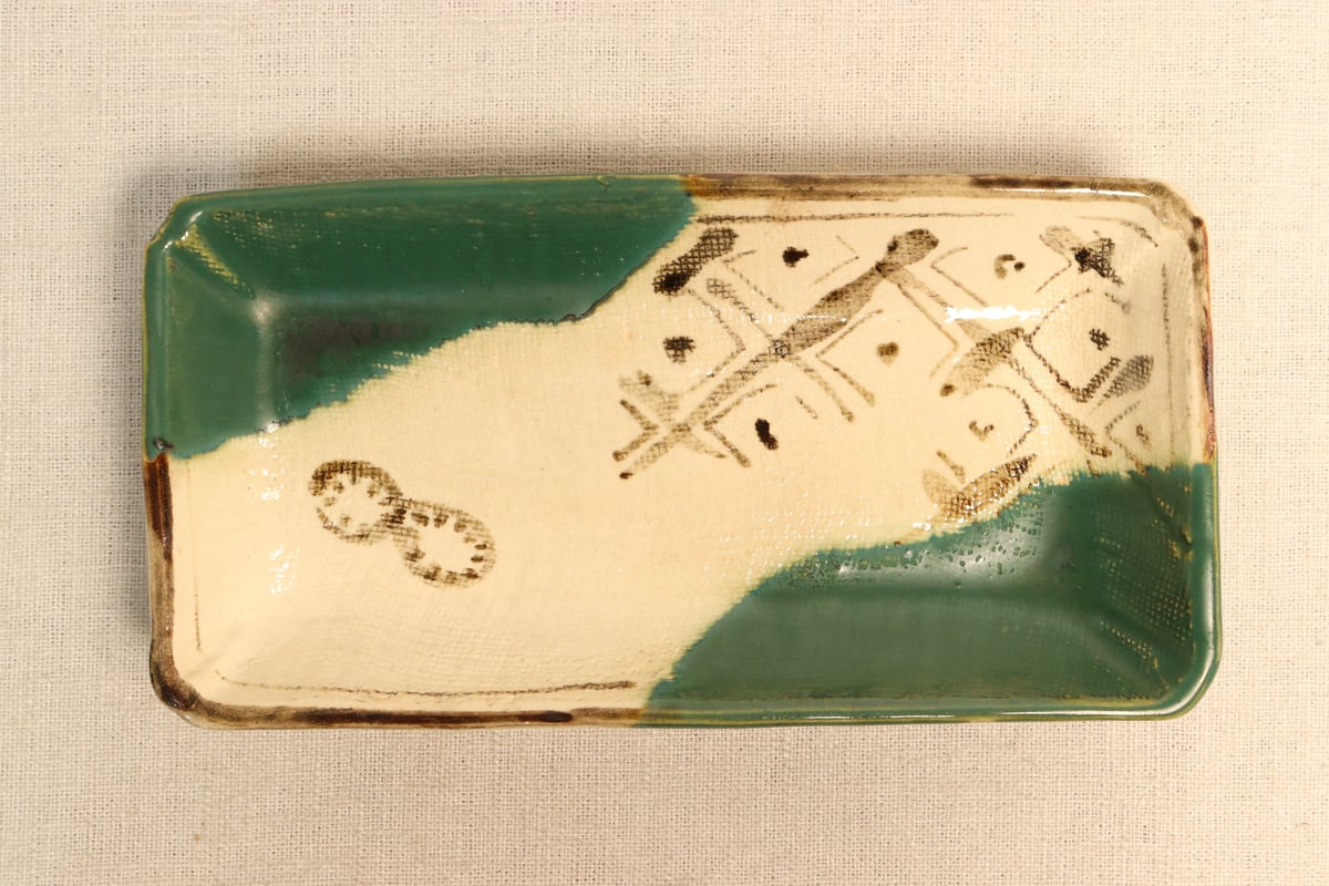 明治後期～大正織部焼幾何学文長皿 5客組 1客かたつき,シミ有り