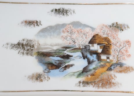 大正～昭和戦前色絵プリント桜と家図長角皿