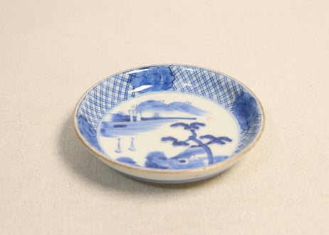 江戸幕末染付山水と牡丹図小皿 窯傷,フリモノ