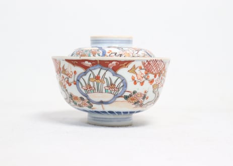 明治前期色絵梅に鶯と菖蒲図通り物飯茶碗