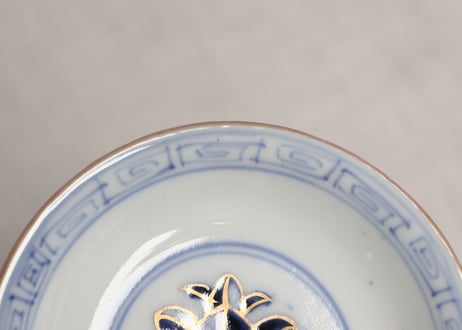明治前期色絵桃と六方に松竹梅と牡丹図通り物飯茶碗 蓋部分甘手