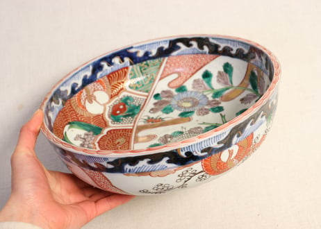 明治前期色絵菊と鶴亀図三ツ組鉢