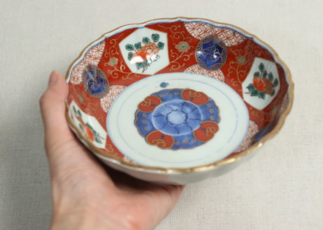 江戸幕末色絵牡丹と青玉図通り物大なます皿　染料飛び,窯傷