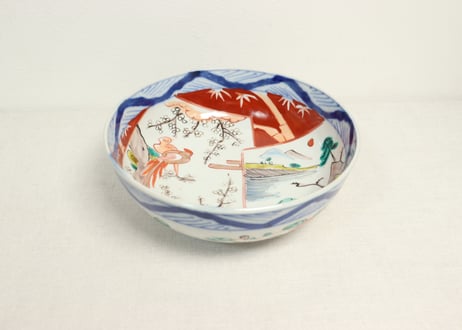 明治前期色絵山水と花鳥図割絵6寸鉢　ノミホツ,膨れ