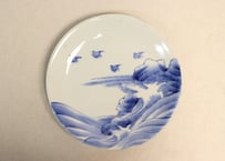 明治後期~大正染付波千鳥図8寸皿　黒点