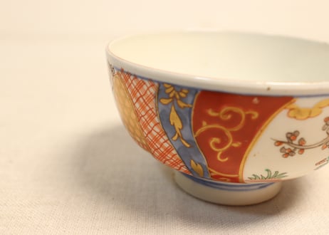 明治前期色絵梅と鶯に鳥籠図通り物蒸茶碗②　少甘手